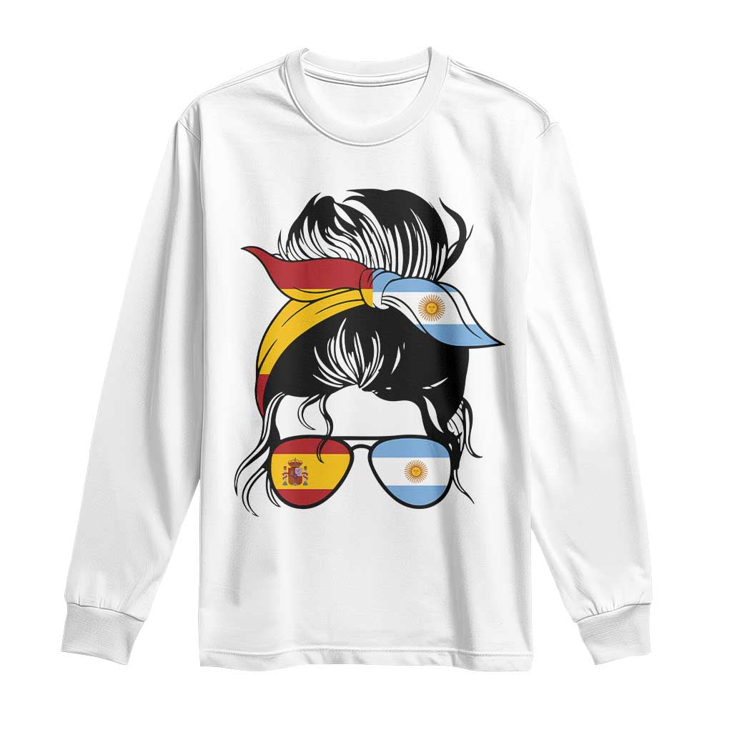 Argentina Spain Flag Messy Bun Girl Graphic Long Sleeve Shirt Cool Latina Argentine Spanish Pride Match Day