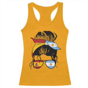 Argentina Spain Flag Messy Bun Girl Graphic Racerback Tank Top Cool Latina Argentine Spanish Pride Match Day