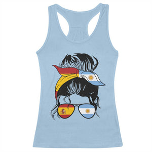 Argentina Spain Flag Messy Bun Girl Graphic Racerback Tank Top Cool Latina Argentine Spanish Pride Match Day