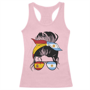 Argentina Spain Flag Messy Bun Girl Graphic Racerback Tank Top Cool Latina Argentine Spanish Pride Match Day