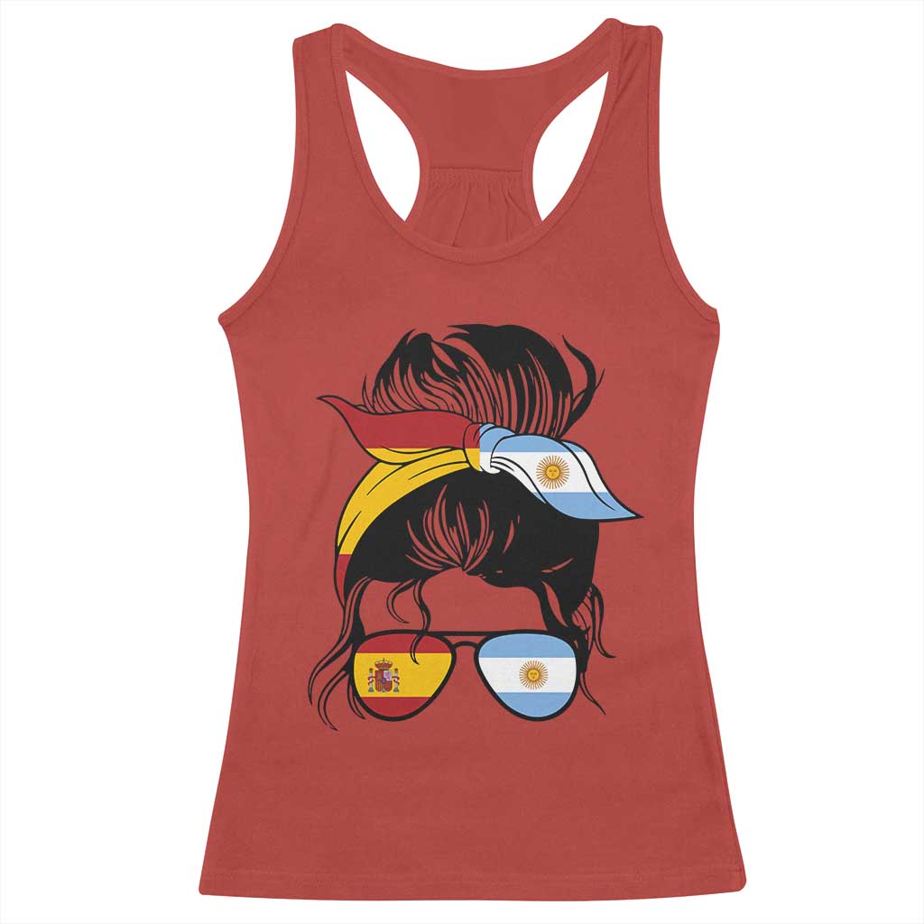 Argentina Spain Flag Messy Bun Girl Graphic Racerback Tank Top Cool Latina Argentine Spanish Pride Match Day