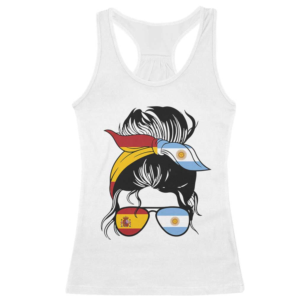 Argentina Spain Flag Messy Bun Girl Graphic Racerback Tank Top Cool Latina Argentine Spanish Pride Match Day