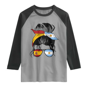 Argentina Spain Flag Messy Bun Girl Graphic Raglan Shirt Cool Latina Argentine Spanish Pride Match Day