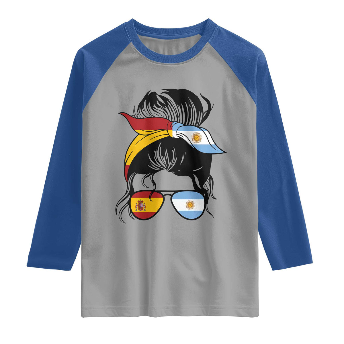 Argentina Spain Flag Messy Bun Girl Graphic Raglan Shirt Cool Latina Argentine Spanish Pride Match Day