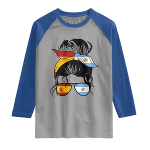 Argentina Spain Flag Messy Bun Girl Graphic Raglan Shirt Cool Latina Argentine Spanish Pride Match Day