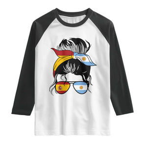 Argentina Spain Flag Messy Bun Girl Graphic Raglan Shirt Cool Latina Argentine Spanish Pride Match Day