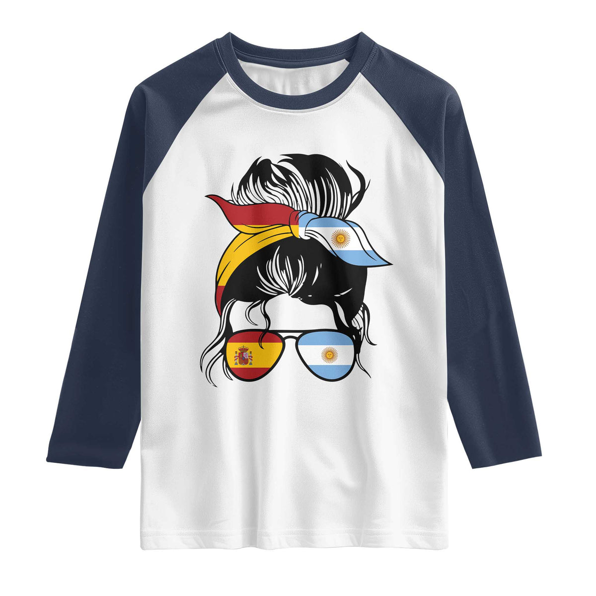 Argentina Spain Flag Messy Bun Girl Graphic Raglan Shirt Cool Latina Argentine Spanish Pride Match Day