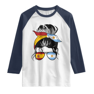 Argentina Spain Flag Messy Bun Girl Graphic Raglan Shirt Cool Latina Argentine Spanish Pride Match Day