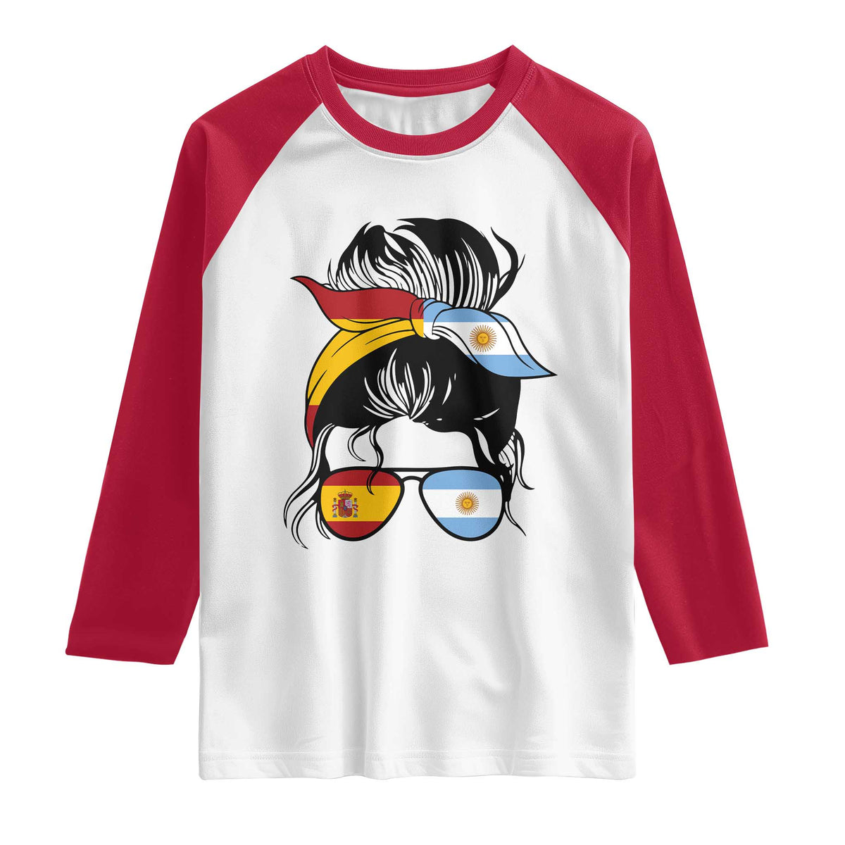 Argentina Spain Flag Messy Bun Girl Graphic Raglan Shirt Cool Latina Argentine Spanish Pride Match Day