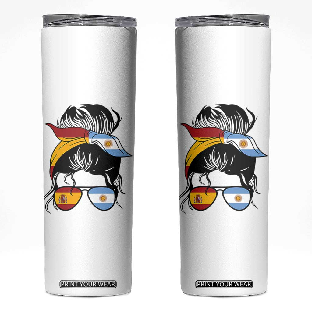 Argentina Spain Flag Messy Bun Girl Graphic Skinny Tumbler Cool Latina Argentine Spanish Pride Match Day