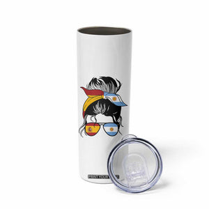 Argentina Spain Flag Messy Bun Girl Graphic Skinny Tumbler Cool Latina Argentine Spanish Pride Match Day