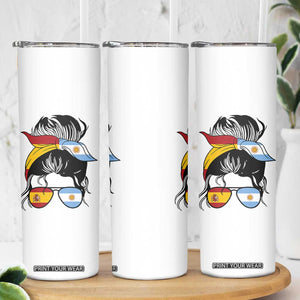 Argentina Spain Flag Messy Bun Girl Graphic Skinny Tumbler Cool Latina Argentine Spanish Pride Match Day