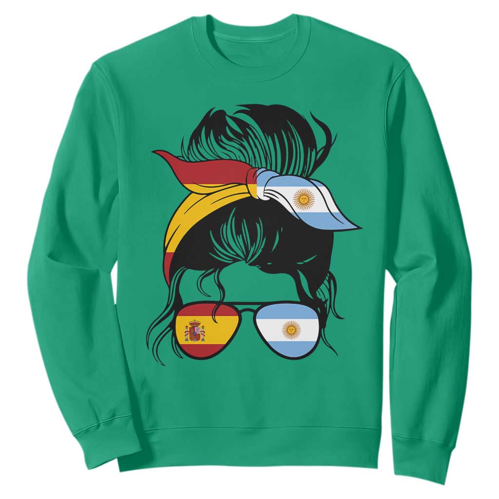 Argentina Spain Flag Messy Bun Girl Graphic Sweatshirt Cool Latina Argentine Spanish Pride Match Day