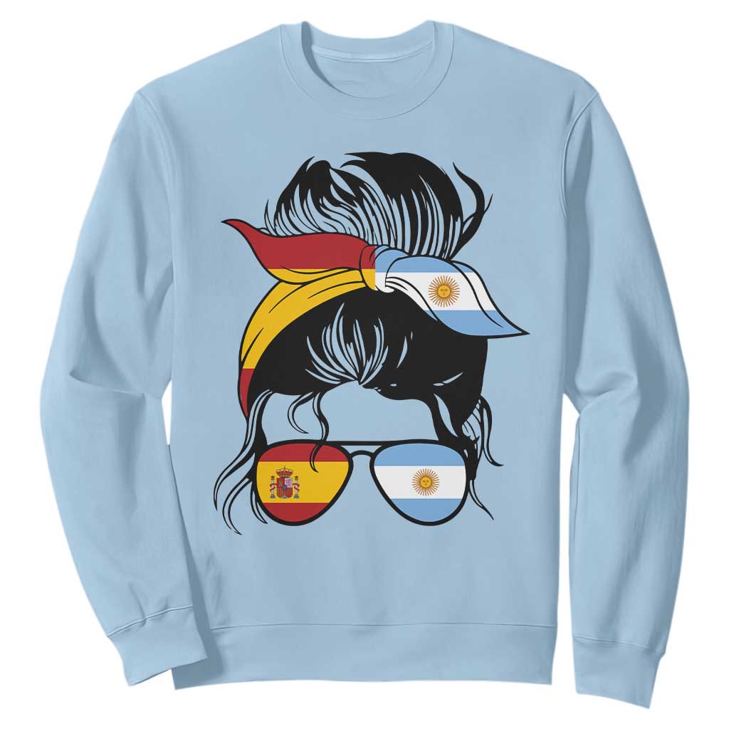 Argentina Spain Flag Messy Bun Girl Graphic Sweatshirt Cool Latina Argentine Spanish Pride Match Day