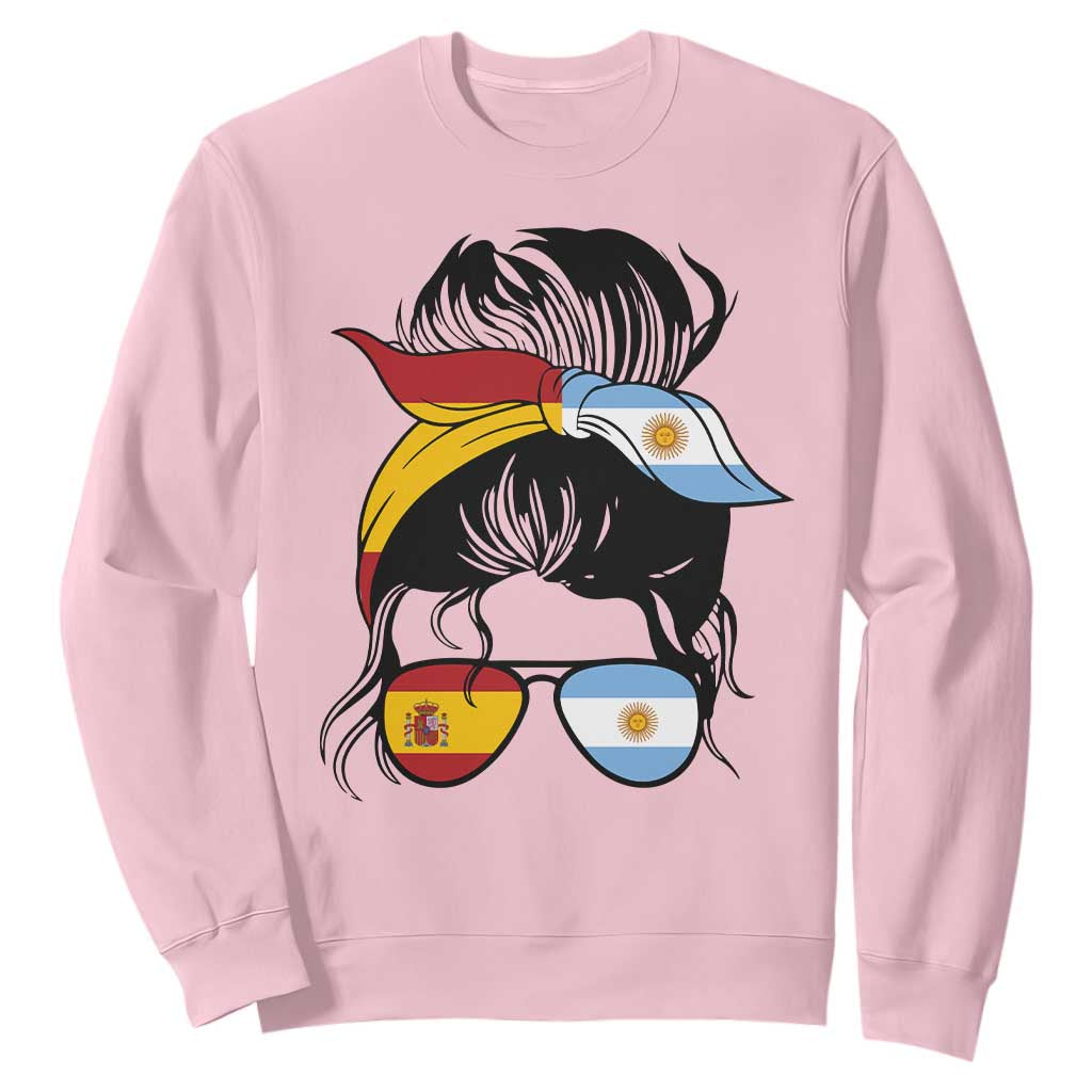 Argentina Spain Flag Messy Bun Girl Graphic Sweatshirt Cool Latina Argentine Spanish Pride Match Day