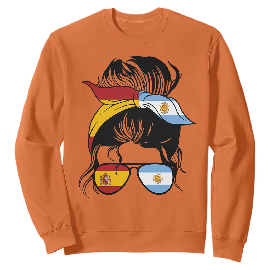 Argentina Spain Flag Messy Bun Girl Graphic Sweatshirt Cool Latina Argentine Spanish Pride Match Day