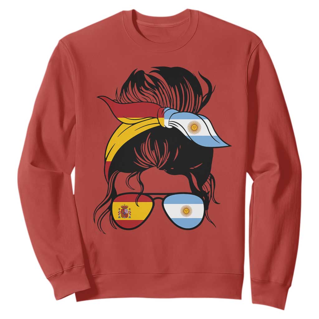 Argentina Spain Flag Messy Bun Girl Graphic Sweatshirt Cool Latina Argentine Spanish Pride Match Day