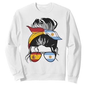 Argentina Spain Flag Messy Bun Girl Graphic Sweatshirt Cool Latina Argentine Spanish Pride Match Day