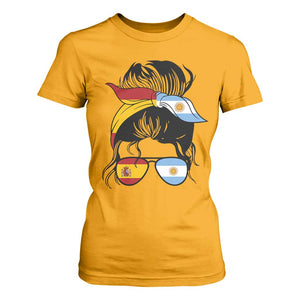 Argentina Spain Flag Messy Bun Girl Graphic T Shirt For Women Cool Latina Argentine Spanish Pride Match Day