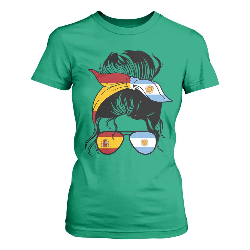 Argentina Spain Flag Messy Bun Girl Graphic T Shirt For Women Cool Latina Argentine Spanish Pride Match Day