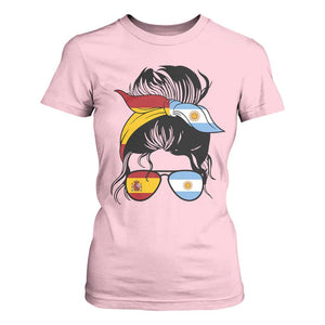 Argentina Spain Flag Messy Bun Girl Graphic T Shirt For Women Cool Latina Argentine Spanish Pride Match Day