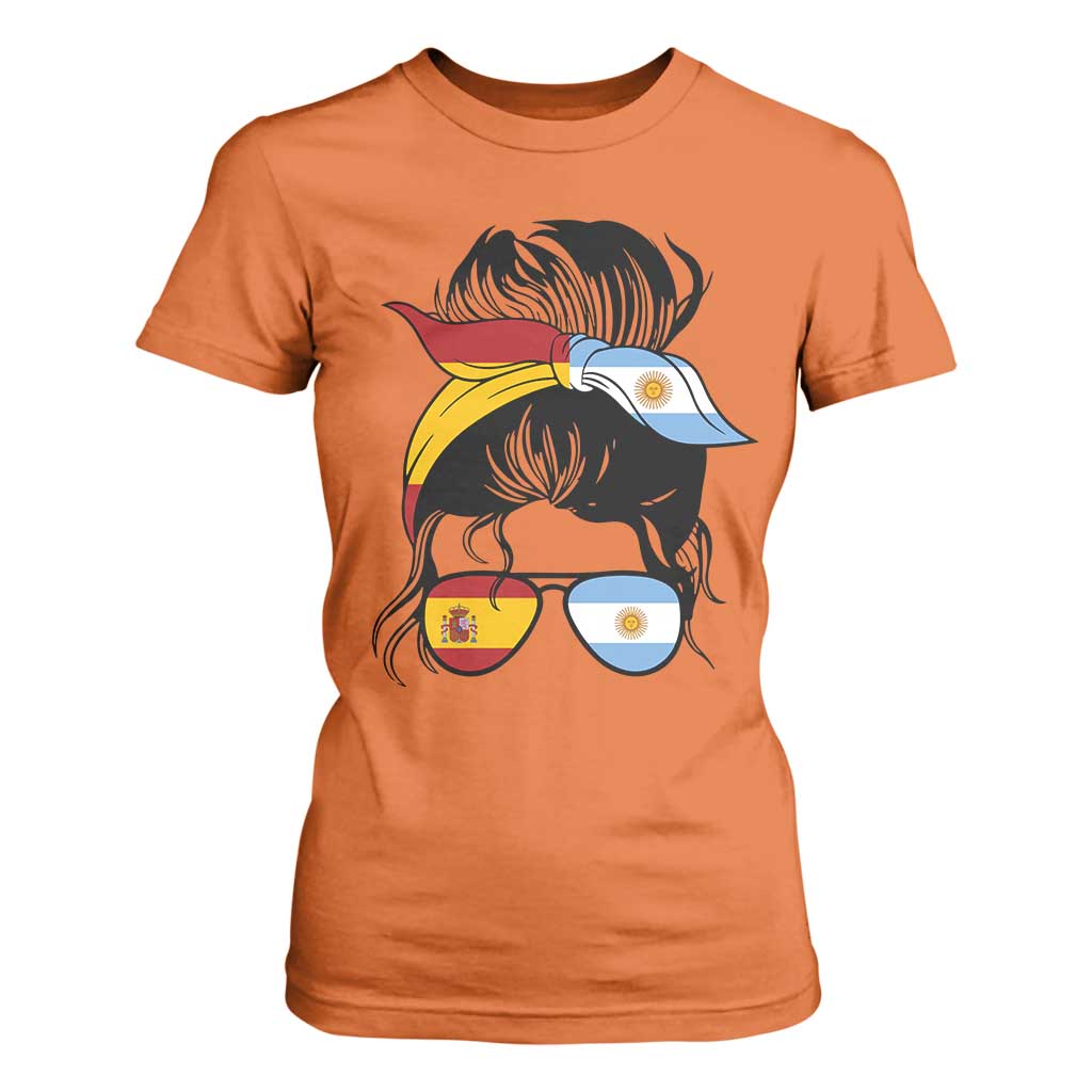 Argentina Spain Flag Messy Bun Girl Graphic T Shirt For Women Cool Latina Argentine Spanish Pride Match Day