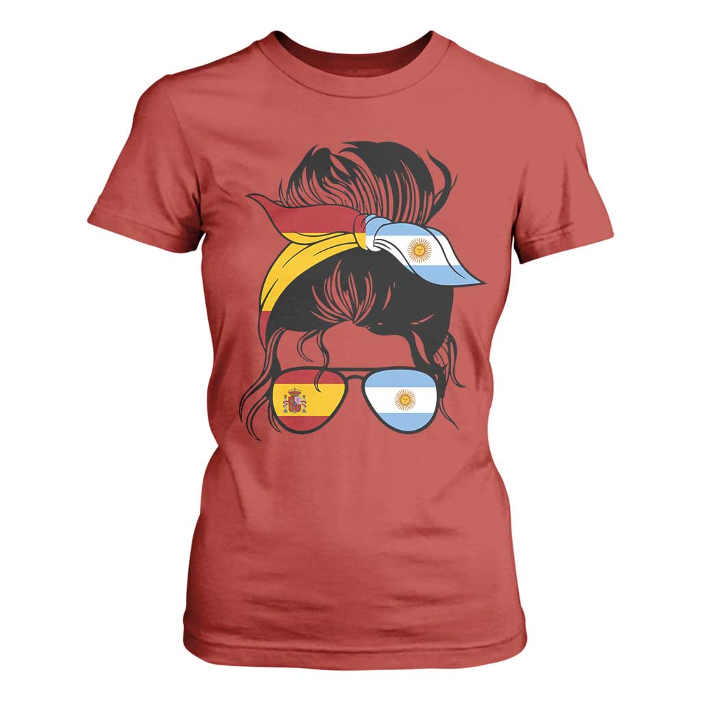 Argentina Spain Flag Messy Bun Girl Graphic T Shirt For Women Cool Latina Argentine Spanish Pride Match Day