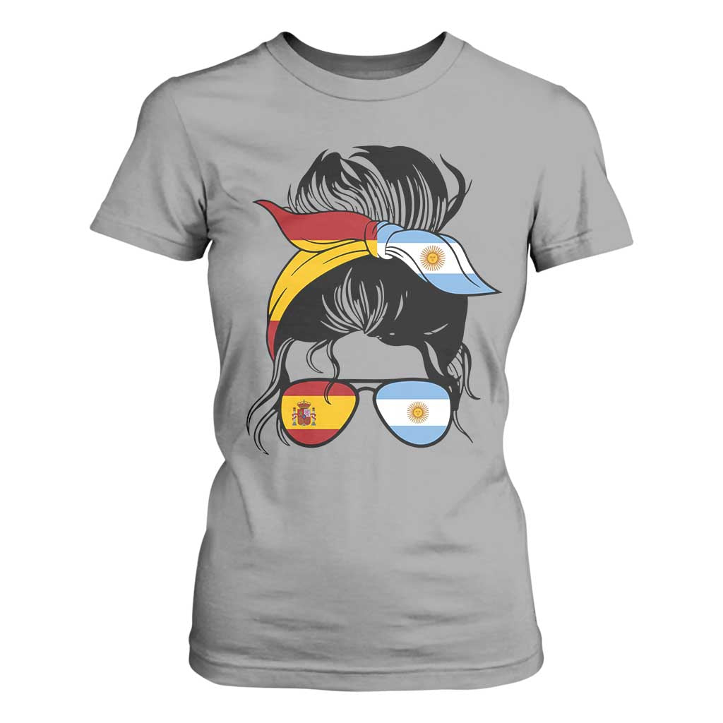 Argentina Spain Flag Messy Bun Girl Graphic T Shirt For Women Cool Latina Argentine Spanish Pride Match Day