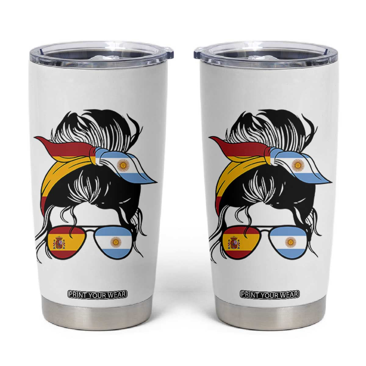 Argentina Spain Flag Messy Bun Girl Graphic Tumbler Cup Cool Latina Argentine Spanish Pride Match Day TS02 White Print Your Wear