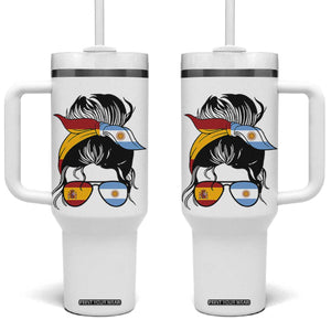 Argentina Spain Flag Messy Bun Girl Graphic Tumbler With Handle Cool Latina Argentine Spanish Pride Match Day