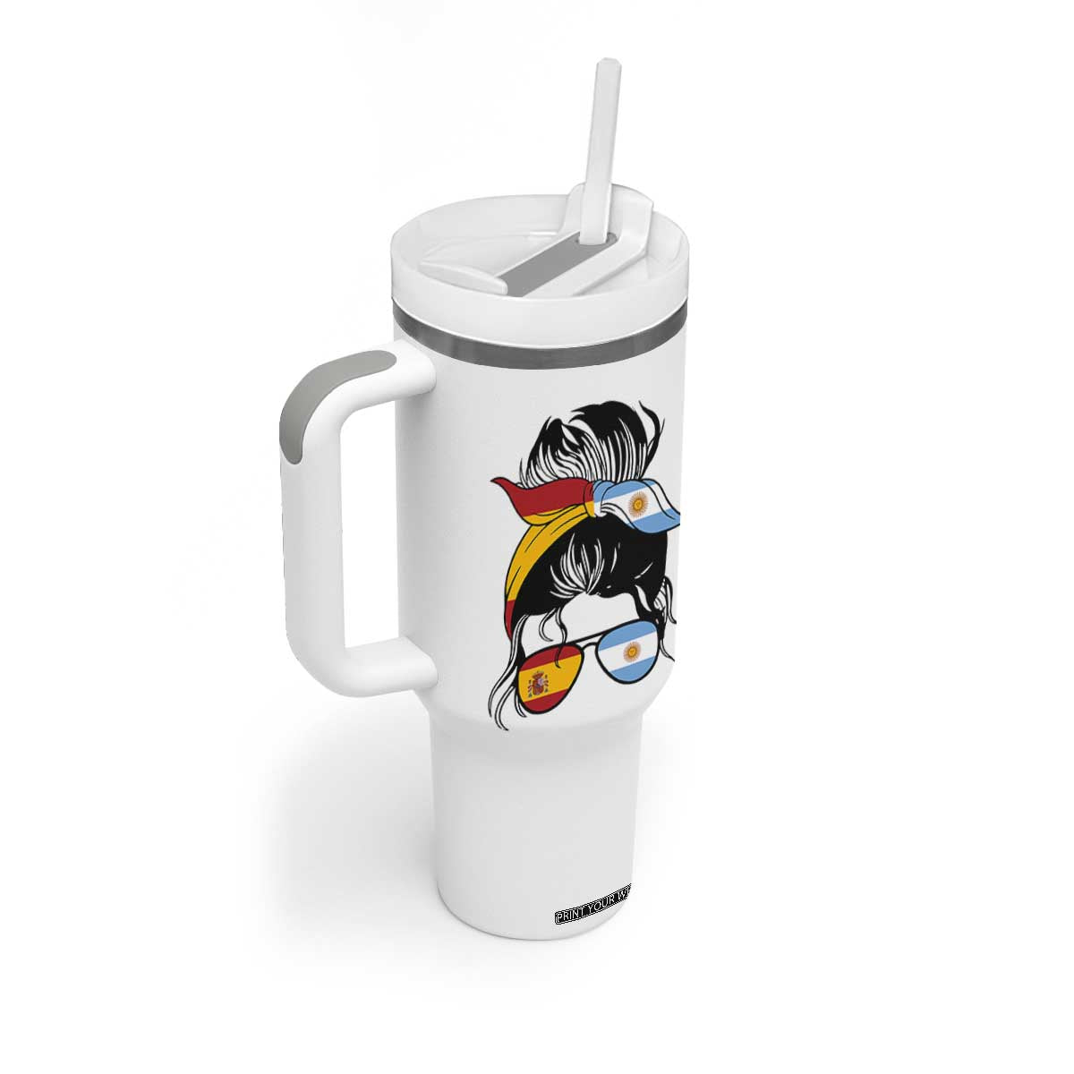 Argentina Spain Flag Messy Bun Girl Graphic Tumbler With Handle Cool Latina Argentine Spanish Pride Match Day