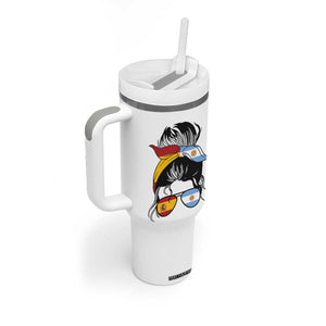 Argentina Spain Flag Messy Bun Girl Graphic Tumbler With Handle Cool Latina Argentine Spanish Pride Match Day