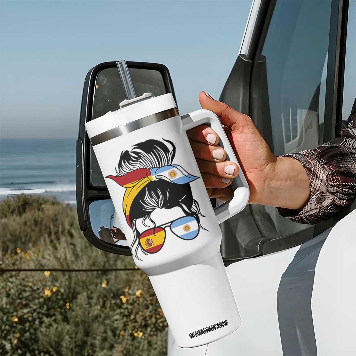 Argentina Spain Flag Messy Bun Girl Graphic Tumbler With Handle Cool Latina Argentine Spanish Pride Match Day