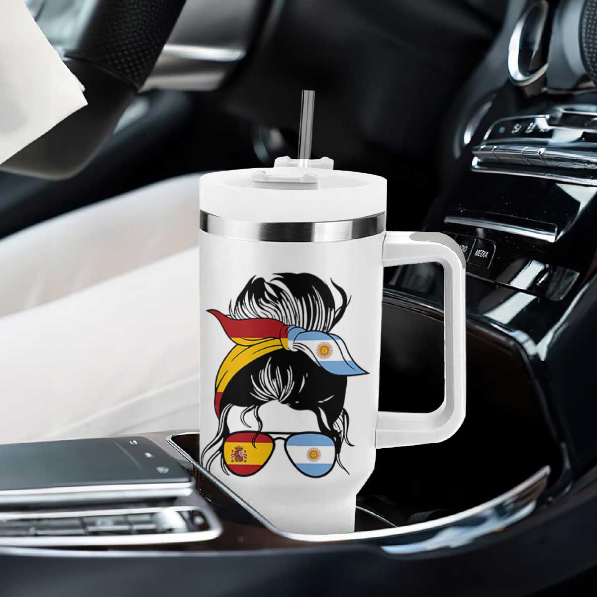 Argentina Spain Flag Messy Bun Girl Graphic Tumbler With Handle Cool Latina Argentine Spanish Pride Match Day