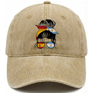 Argentina Spain Flag Messy Bun Girl Graphic Washed Cotton Baseball Cap Cool Latina Argentine Spanish Pride Match Day
