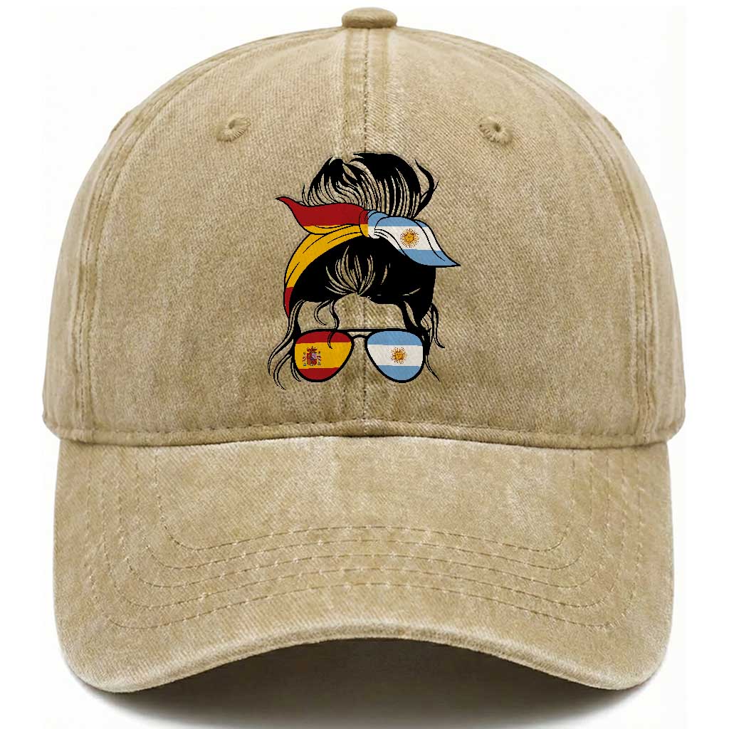 Argentina Spain Flag Messy Bun Girl Graphic Washed Cotton Baseball Cap Cool Latina Argentine Spanish Pride Match Day TS02 Print Your Wear