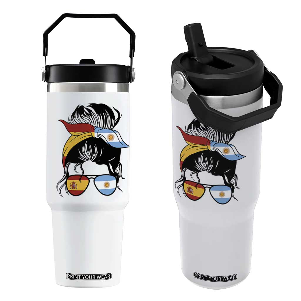 Argentina Spain Flag Messy Bun Girl Graphic Flip Straw Tumbler Cool Latina Argentine Spanish Pride Match Day