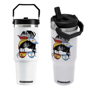 Argentina Spain Flag Messy Bun Girl Graphic Flip Straw Tumbler Cool Latina Argentine Spanish Pride Match Day