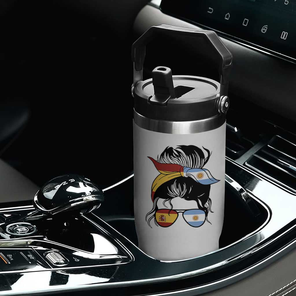 Argentina Spain Flag Messy Bun Girl Graphic Flip Straw Tumbler Cool Latina Argentine Spanish Pride Match Day