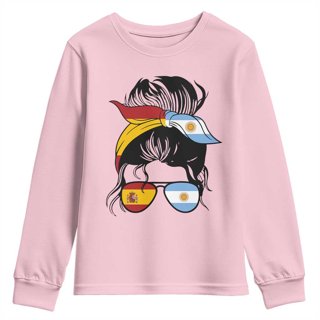 Argentina Spain Flag Messy Bun Girl Graphic Youth Sweatshirt Cool Latina Argentine Spanish Pride Match Day