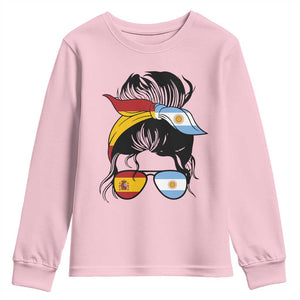 Argentina Spain Flag Messy Bun Girl Graphic Youth Sweatshirt Cool Latina Argentine Spanish Pride Match Day