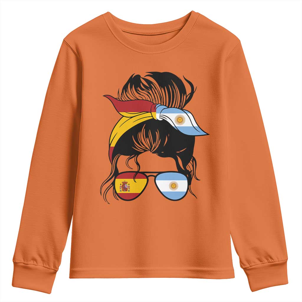 Argentina Spain Flag Messy Bun Girl Graphic Youth Sweatshirt Cool Latina Argentine Spanish Pride Match Day
