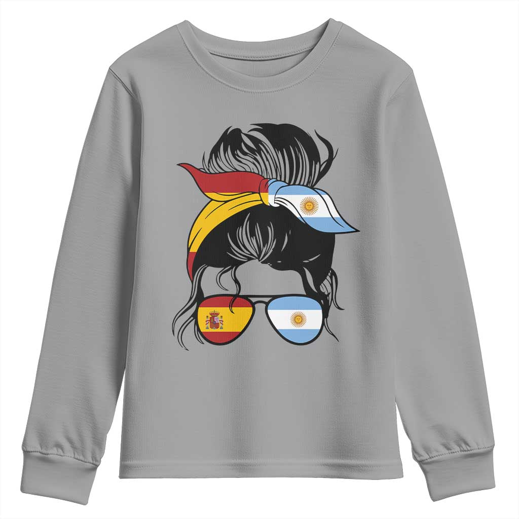 Argentina Spain Flag Messy Bun Girl Graphic Youth Sweatshirt Cool Latina Argentine Spanish Pride Match Day