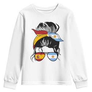 Argentina Spain Flag Messy Bun Girl Graphic Youth Sweatshirt Cool Latina Argentine Spanish Pride Match Day