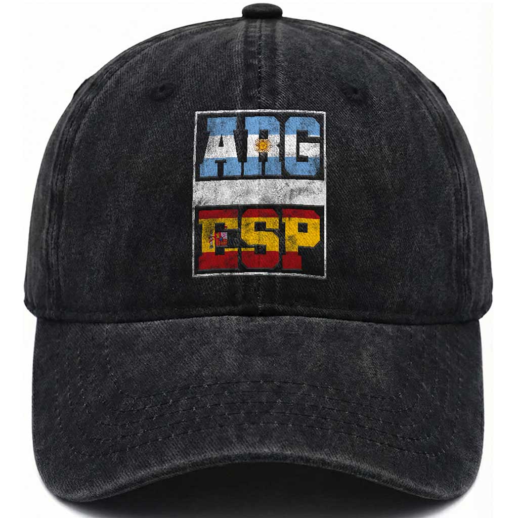 Retro ARG ESP Argentina Espana Flag Typography Graphic Washed Cotton Baseball Cap Country Code Vintage Argentine Spanish Pride TS02 Print Your Wear