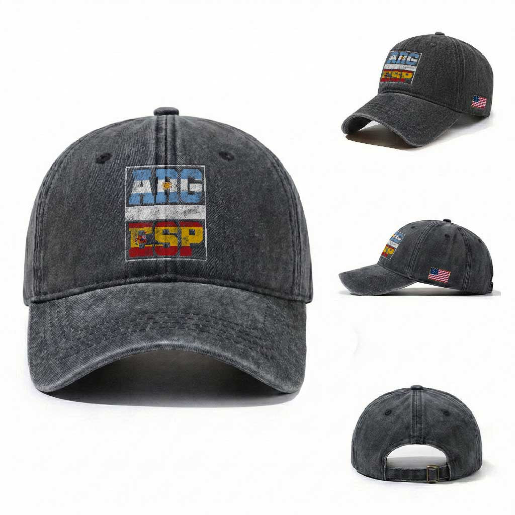 Retro ARG ESP Argentina Espana Flag Typography Graphic Washed Cotton Baseball Cap Country Code Vintage Argentine Spainish Pride