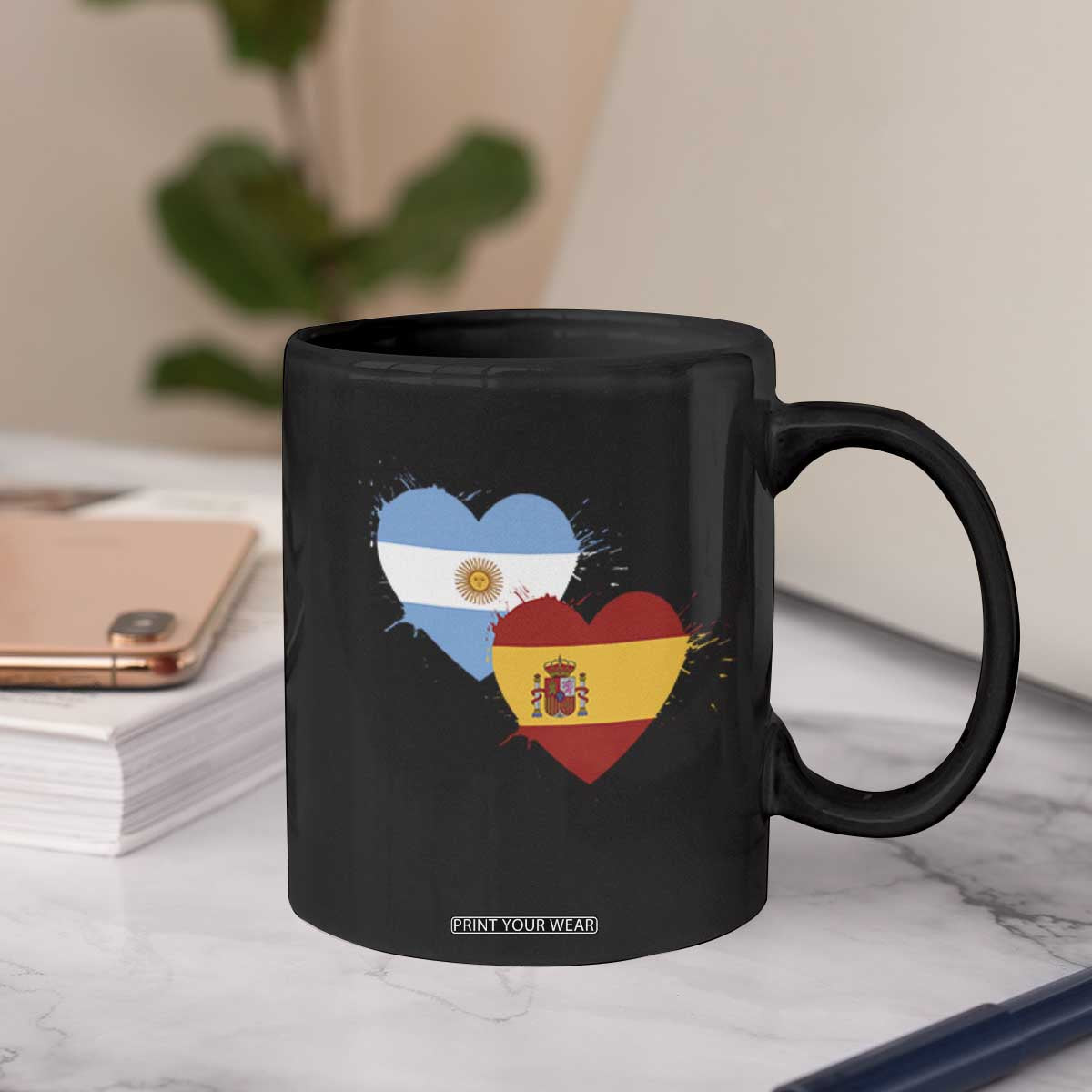 Argentina Spain Flag Two Hearts Graphic Coffee Mug Dual Argentine Spanish Heritage Love Pride