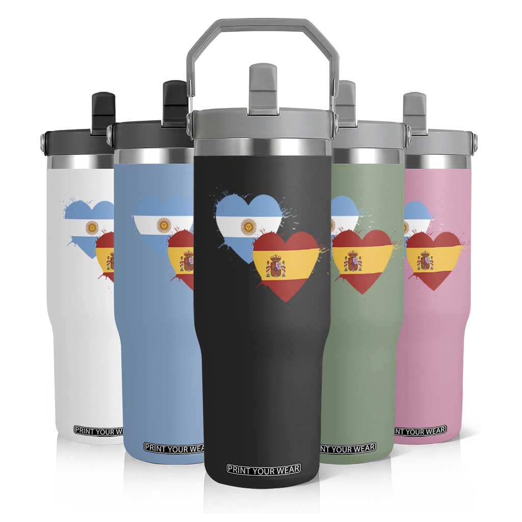 Argentina Spain Flag Two Hearts Graphic Flip Straw Tumbler Dual Argentine Spanish Heritage Love Pride
