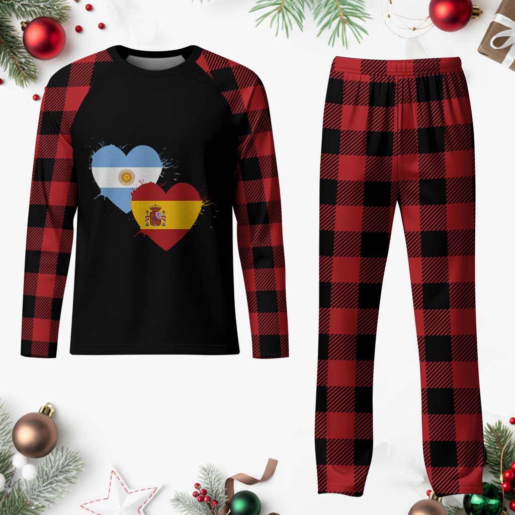 Argentina Spain Flag Two Hearts Graphic Plaid Pajama Set Dual Argentine Spanish Heritage Love Pride