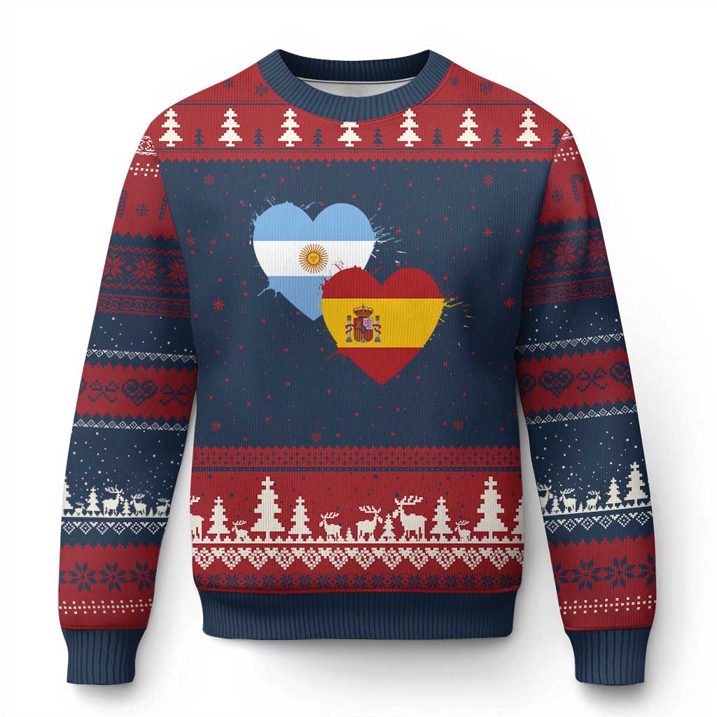 Argentina Spain Flag Two Hearts Graphic Ugly Christmas Sweater Dual Argentine Spanish Heritage Love Pride TS02 Navy Red Print Your Wear